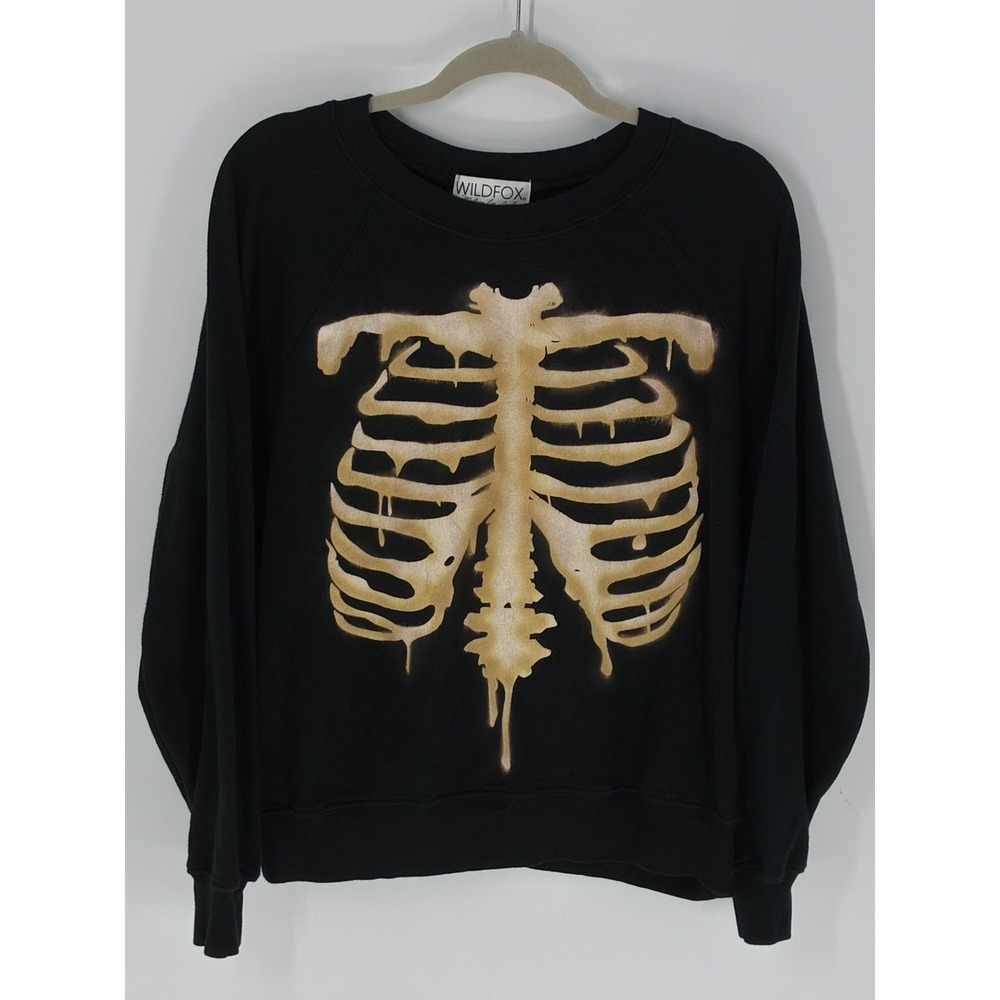 WILDFOX Sommers Sweatshirt Skeleton Ribcage Graphic Crewneck S Black Cotton USA